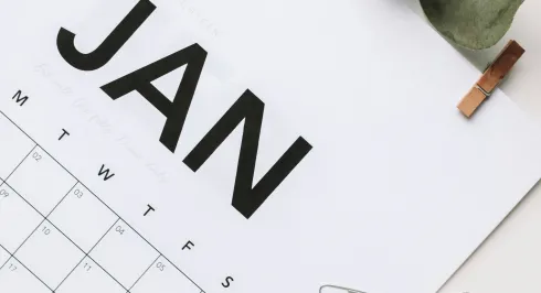 January calendar with eucalyptus leaves, wooden clips and paper clips on white desk